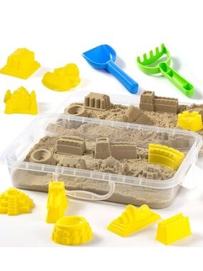 Sensory/ Kinetic Sand Bin Construction Theme w shovels/ molds like new preschool